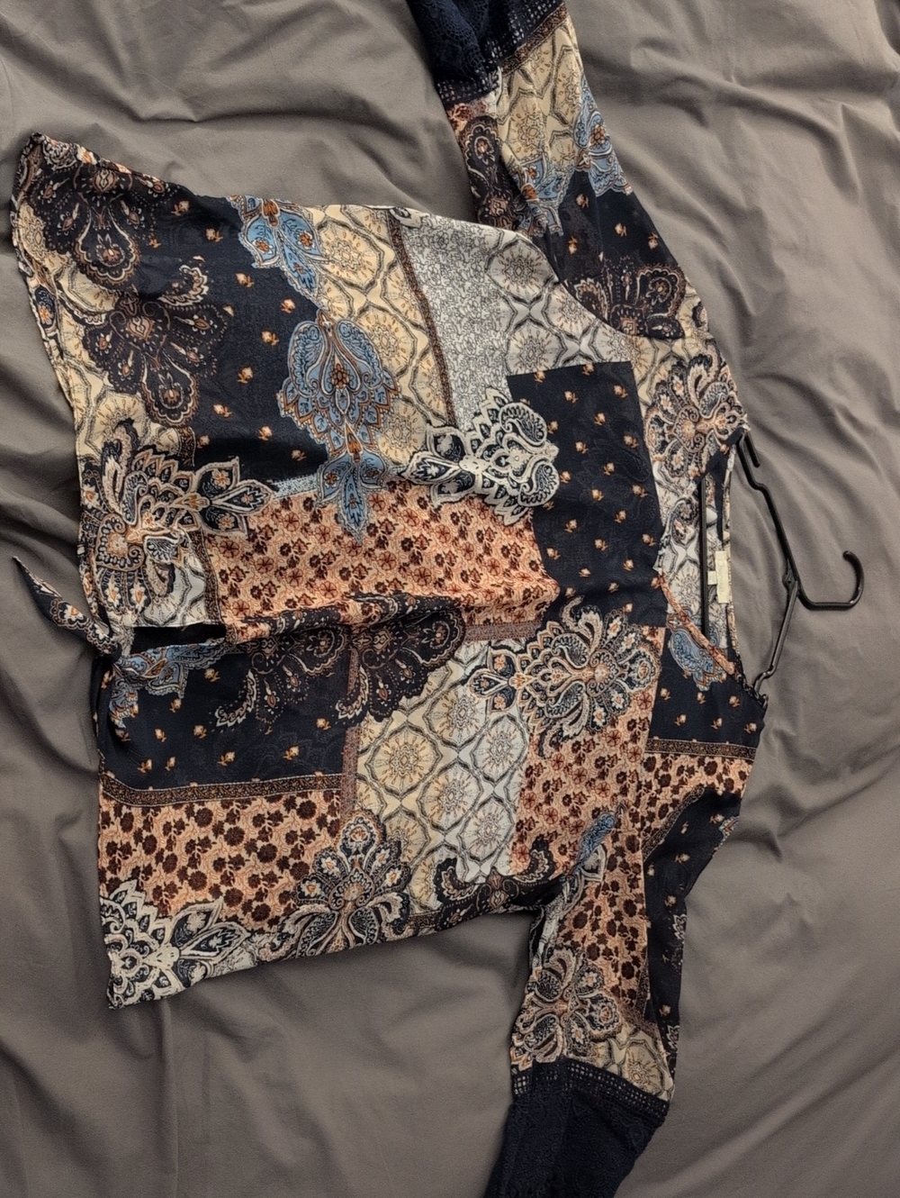 Chenault Paisley Print  Sheer Blouse in Navy, Beige & Light Blue Size 2x